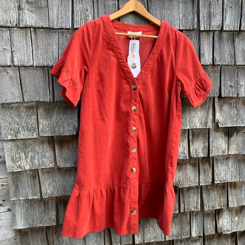 Women’s Loveriche Red/rust coloured v-neck button up dress, size S